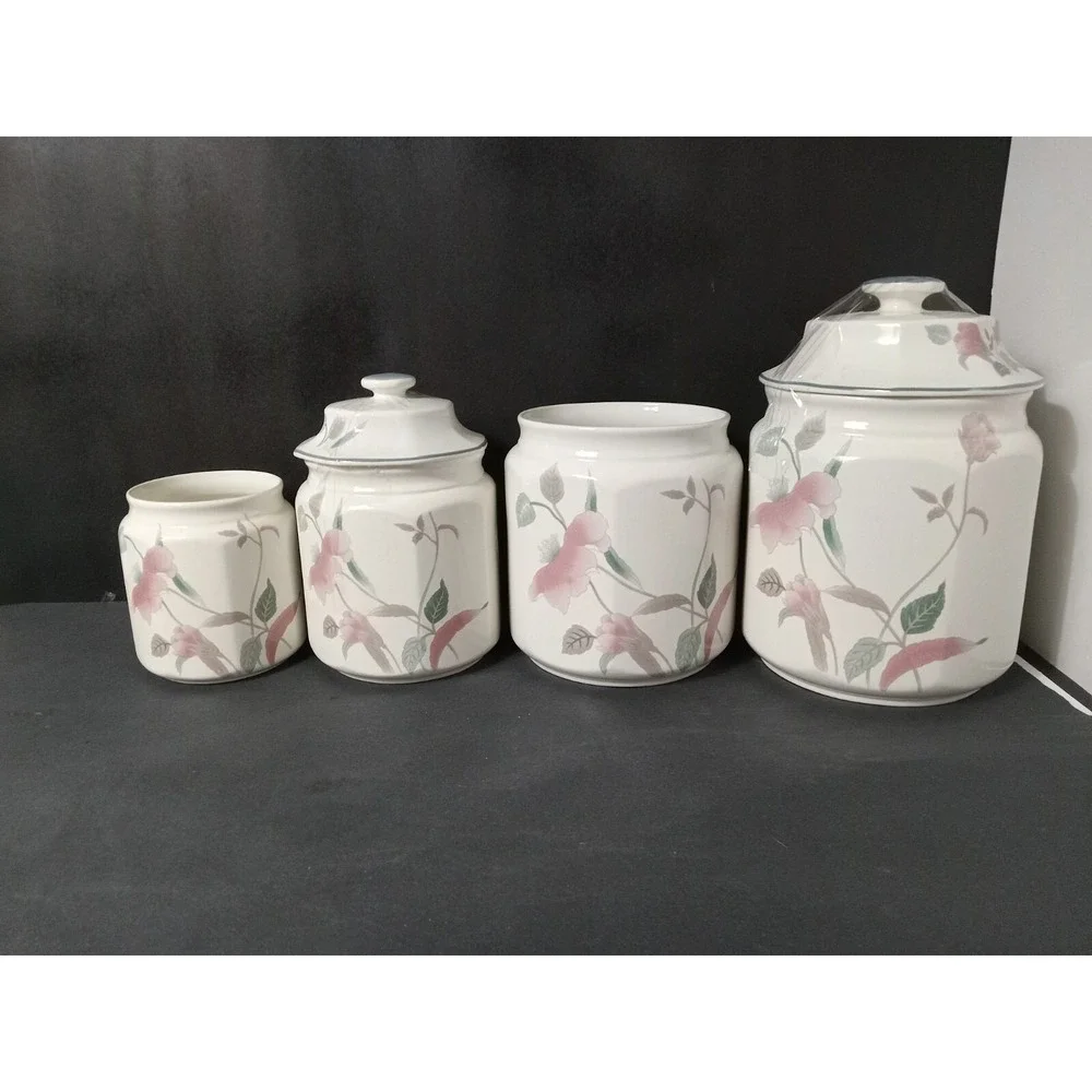 Mikasa Silk Flowers Set of 4 Canisters Vintage Ceramic Kitchen Storage F 3003